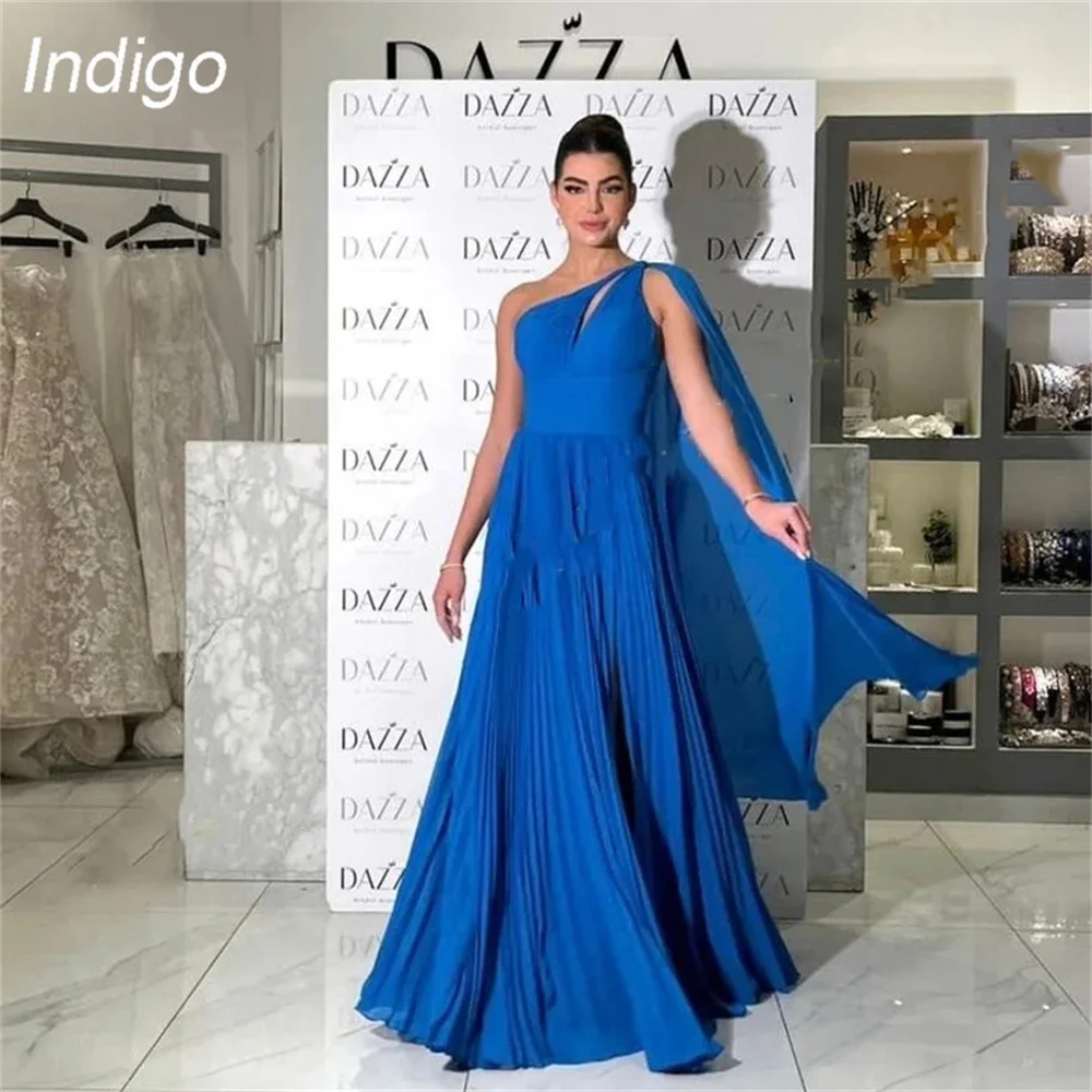 Indigo Prom Dress 2024 A-Line One Shoulder Open Back Split Chiffon Floor-Length Pleat Elegant Evening Gowns For Women فساتين الس