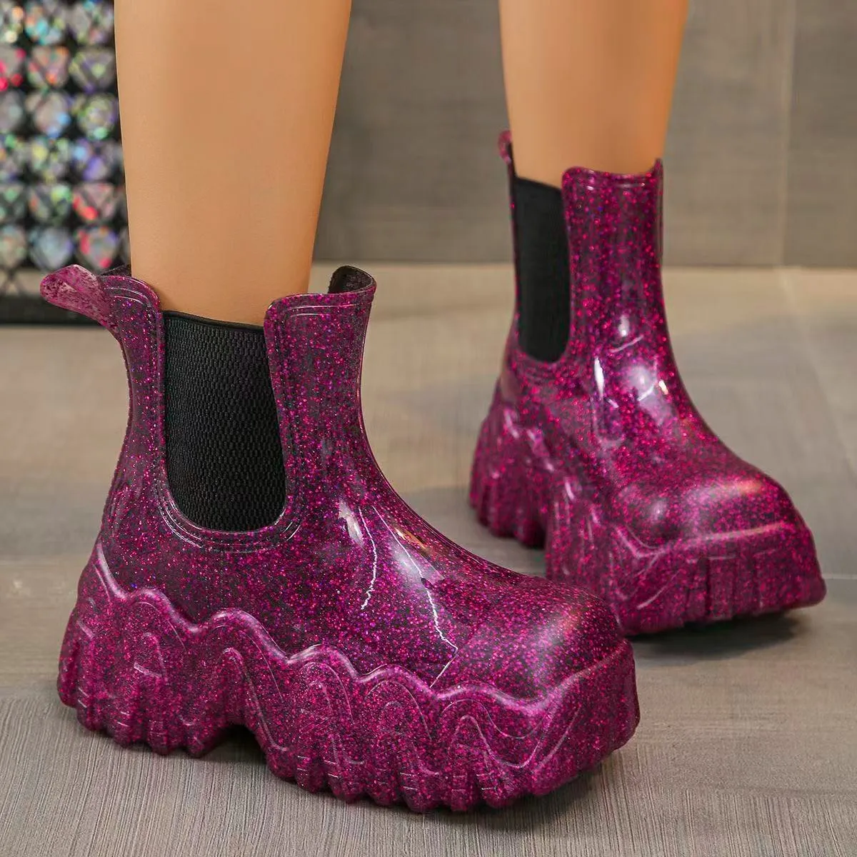 

Designer Rain Boots Woman Autumn Square-toed Ankle Women Shoes High Heels Casual Snow Chelsea Platform Waterproof Boots Mujer