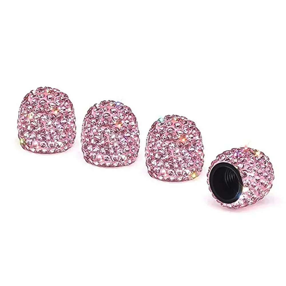 4pcs Universal Car Tire Air Sealing Cap Anti-Rust Dust-Proof Valve Cap Clay + Rhinestone Pink Tire Valve Stem Caps Sparkling