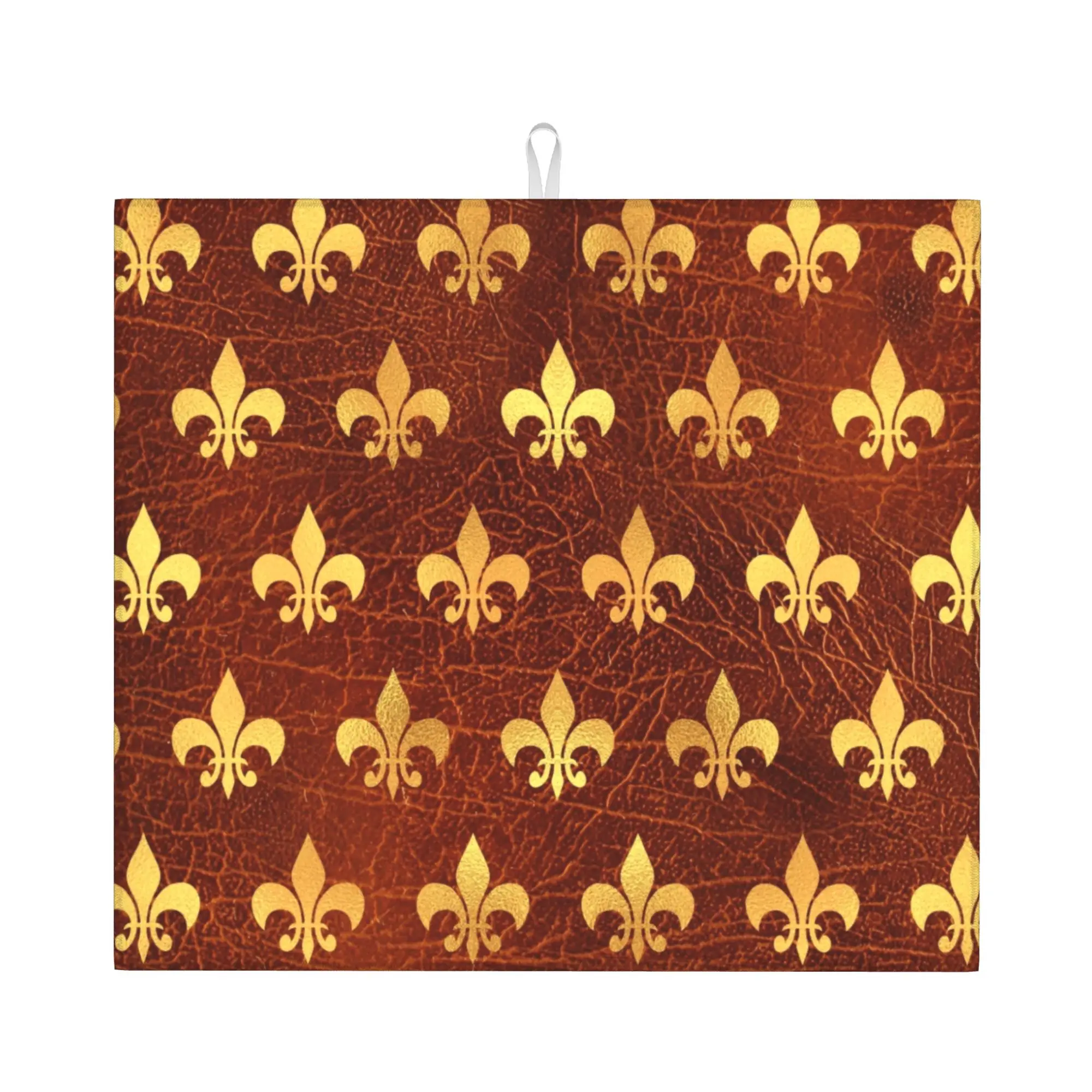 Drying Mat For Kitchen Royal Gold Brown Leather Fleur De Lis Water Absorbent Lily Flower On Slip Kitchen Counter Protector Mat