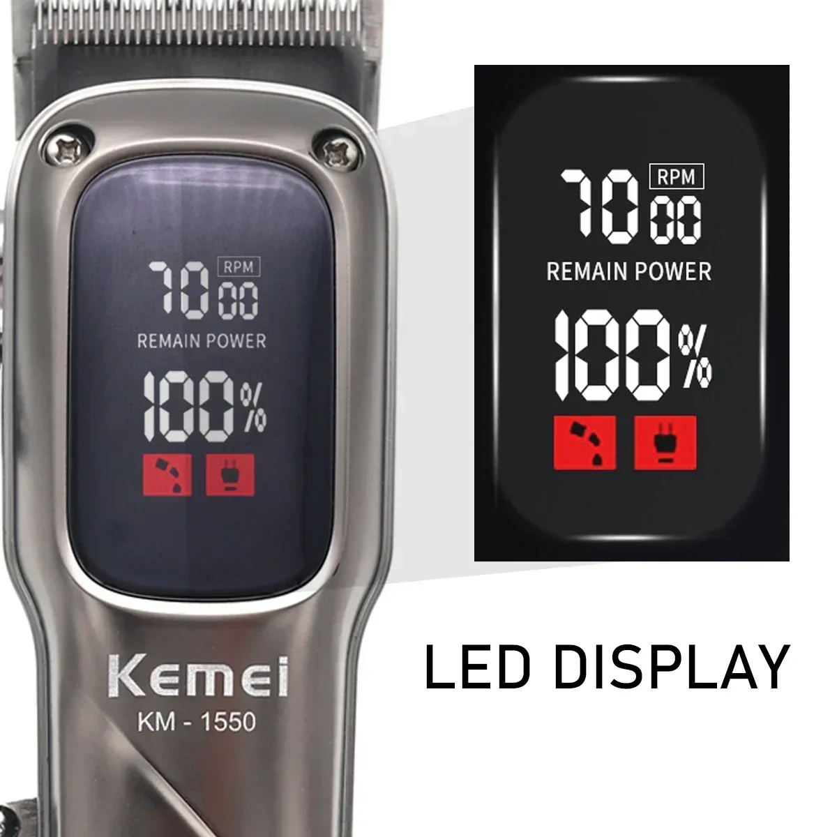 Kemei KM-1550 Professioneller Haarschneider für Männer, LED-Anzeige, geräuscharm, kabellos, USB-Schnittstelle, Haarschneidemaschine, Haarschneider