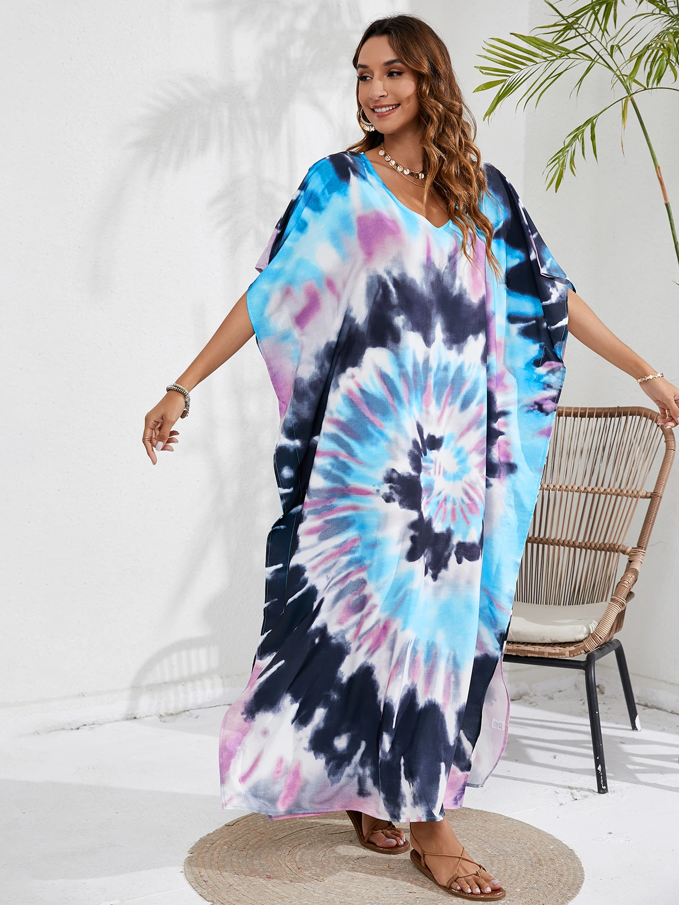 Women s Boho Cover Up  Plus Size Tie Dye Batwing Sleeve V Neck Maxi Kaftan Cover Up Dress