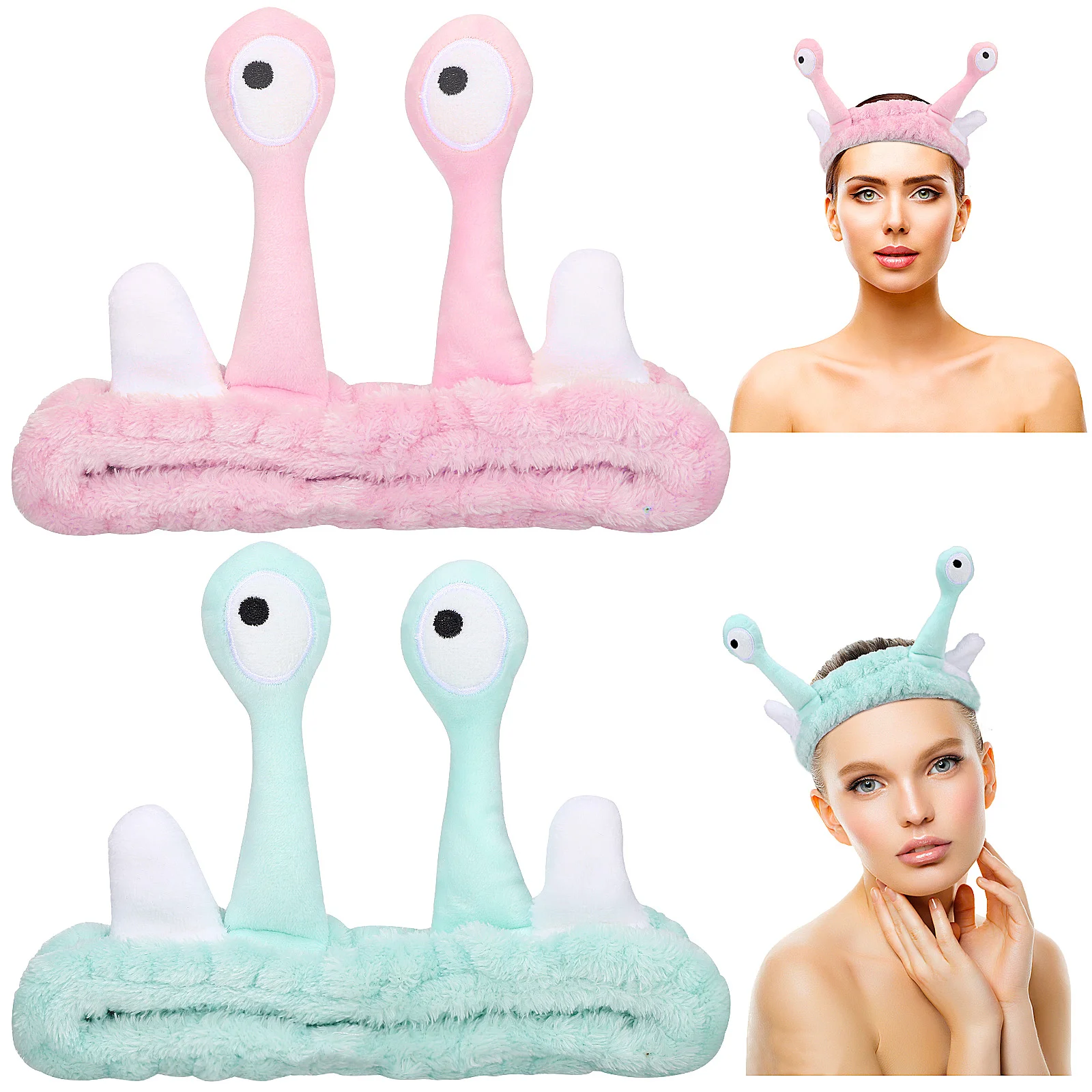 

2 Pcs Snail Coral Velvet Cartoon Face Wash Hair Bands (green + Pink) Headband Makeup For Washing Fleece Spa Miss Headbands