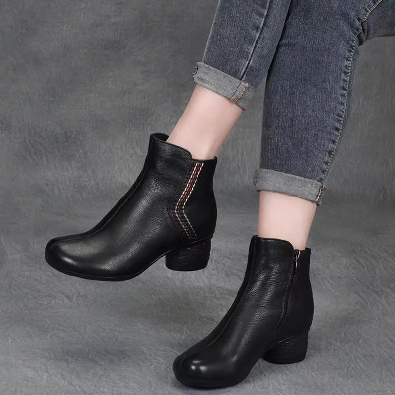 Women\'s Single Boots Spring andAutumn New National Retro Round Head Short Boots Casual Fashion Increase Waterproof Leather Shoes