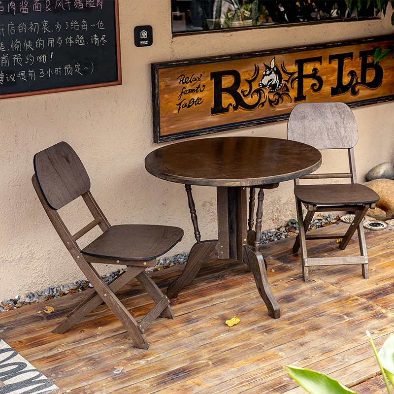Retro Dining Table Round Table and Chairs Outdoor Table Coffee Shop Milk Tea House Solid Wood Indoor Coffee Tables