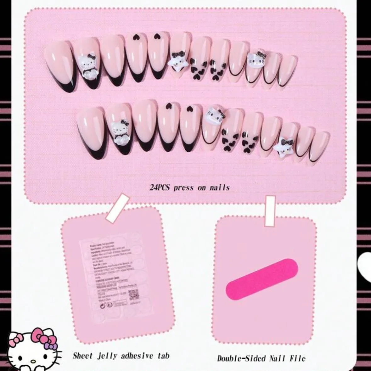 

24PCS Pure Handmade Almond Nail Cute Pink Black KT Detachable Charm Fake Nails Travel On Vacation Make Friends