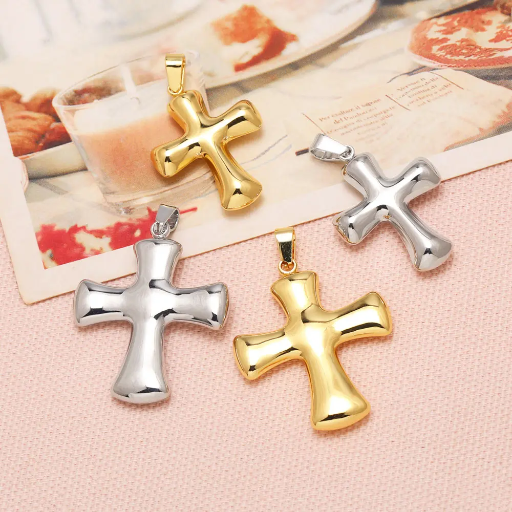 OCESRIO Copper Gold Plated Puffy Cross Pendant for Necklace DIY Smooth Religious Pendant Jewelry Making Supplies pdtb872
