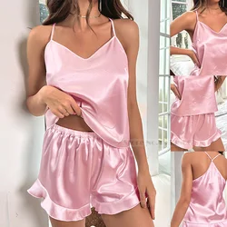 Summer Women Sleepwear Suspender Pajamas Set Sexy Ruffle Nightwear Strap Top&Shorts Lingerie Loose Satin Homewear Loungewear