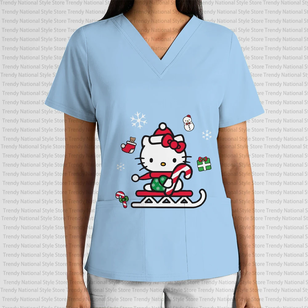 عيد الميلاد مرحبا كيتي الكرتون طباعة المرأة التمريض موحدة الخامس الرقبة قصيرة الأكمام جيب متجمد تي شيرت صالون تجميل موحدة