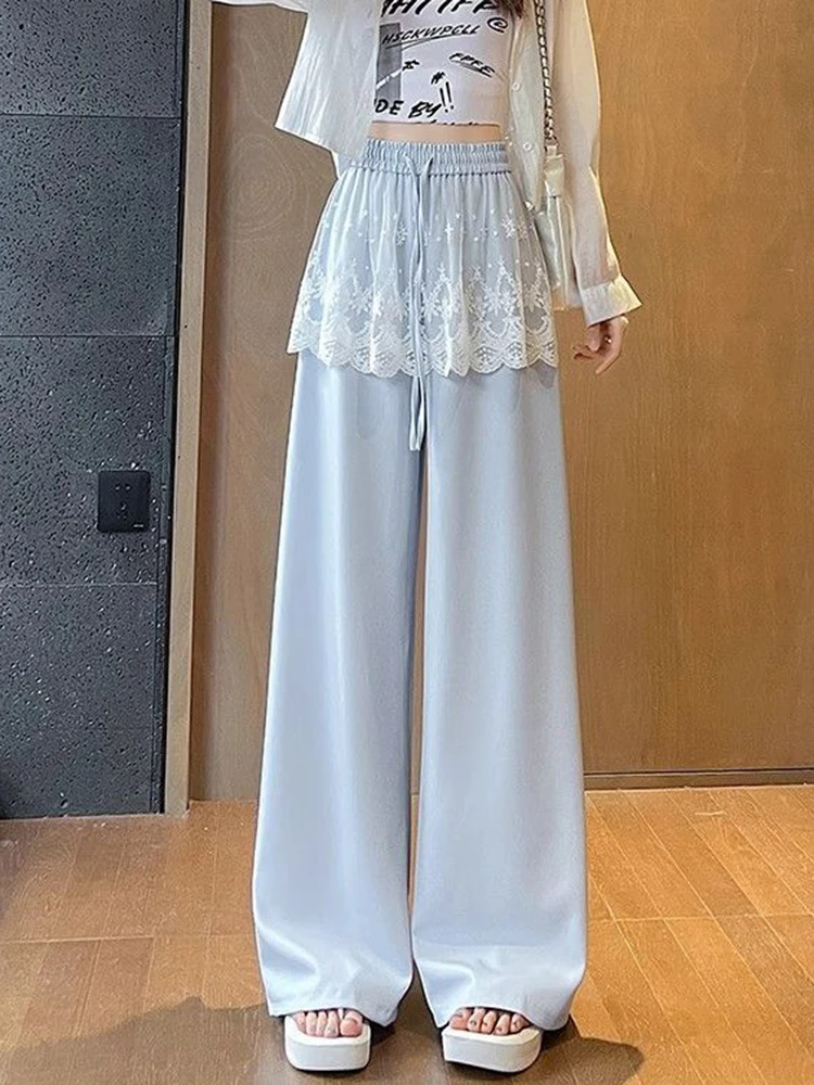 Zoete Kant Patchwork Broek Vrouwen Hoge Taille Leuke Casual Losse Broek Koreaanse Mode Zomer Elegante Chique Wijde Pijpen Broek Nieuw