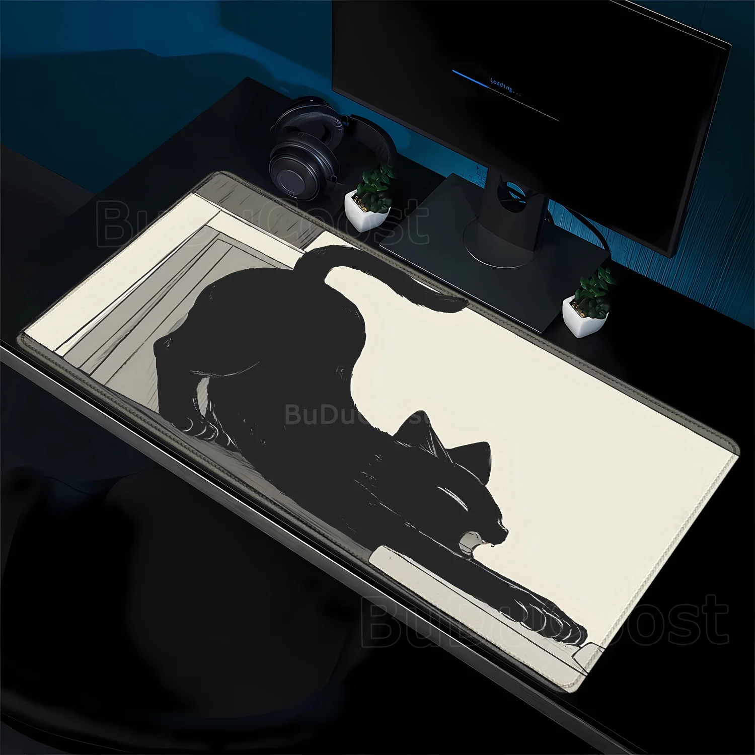Kawaii Black Cartoon Cat Mousepad teclado Desk Mat 40x90cm Lock Edge Extend Game Mouse Pad Starlit Sky Office Table Protection