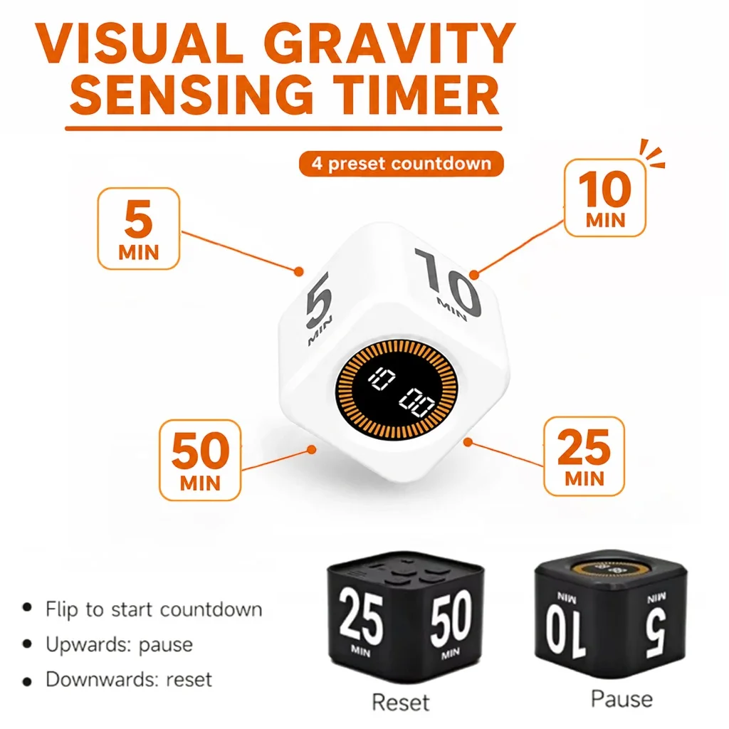 Productivity Timer Cube Timer Gravity Sensor LED Display 4Preset Productivity Time Kid Time Management Kitchen Tools Accessories