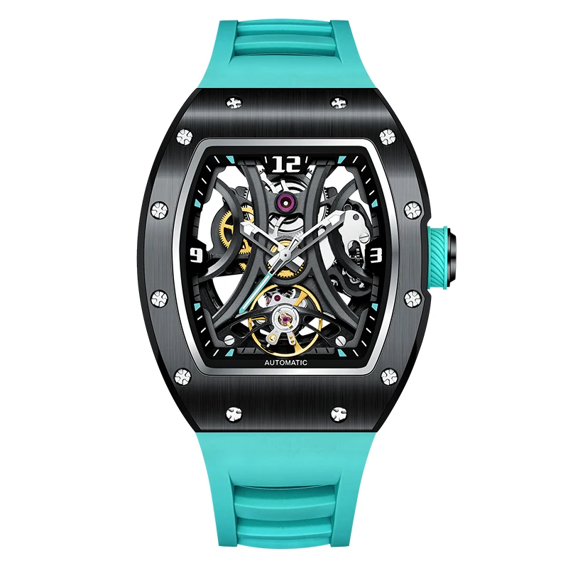 Midsummer Weekend Automatic Mechanical Watch with Transparent Hollow Design Waterproof Luminous Square Wristwatch Stylish