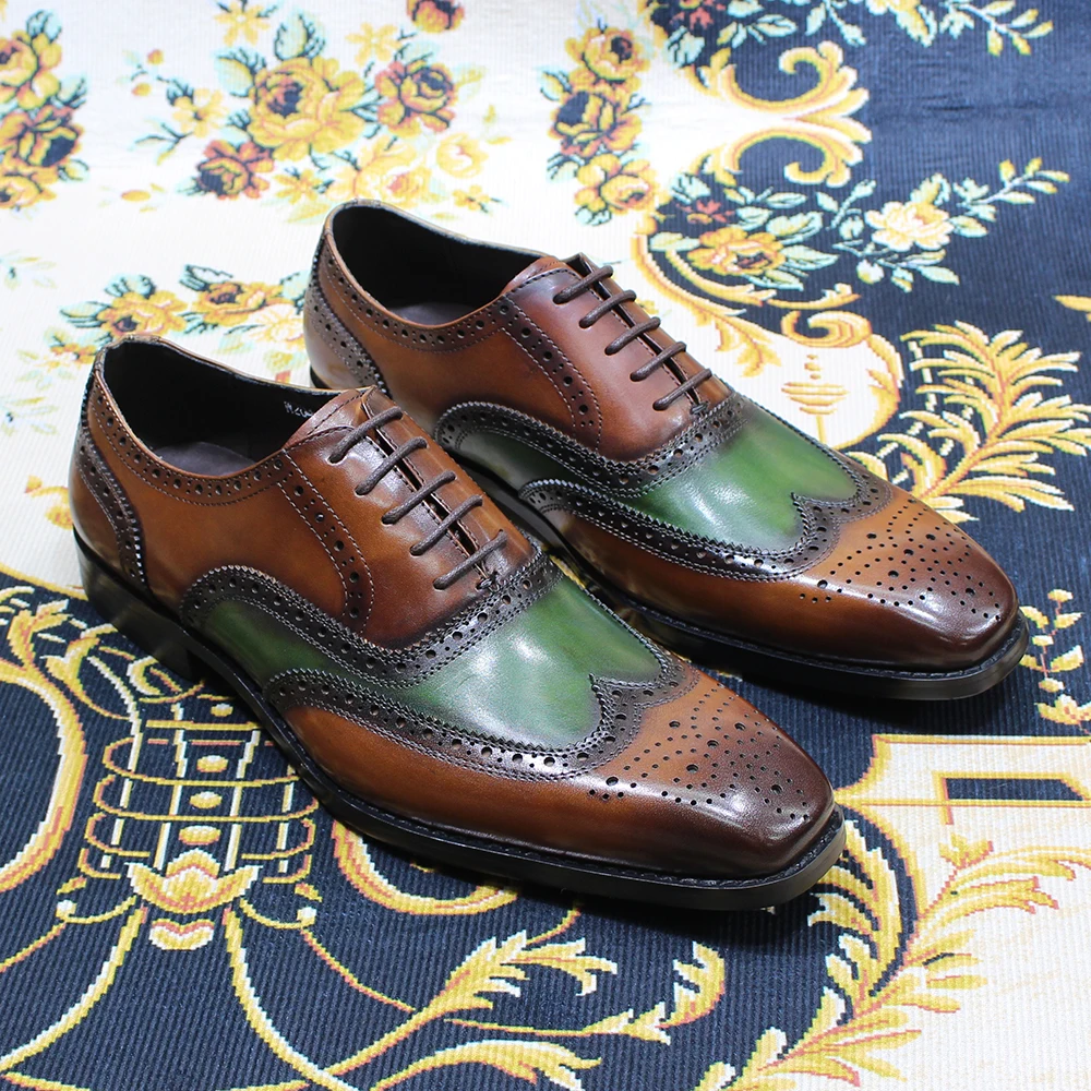 

Two-Tone Brogue Oxfords Genuine Leather Burnished Lace-Up Men's Formal Wedding Party Dress Shoes