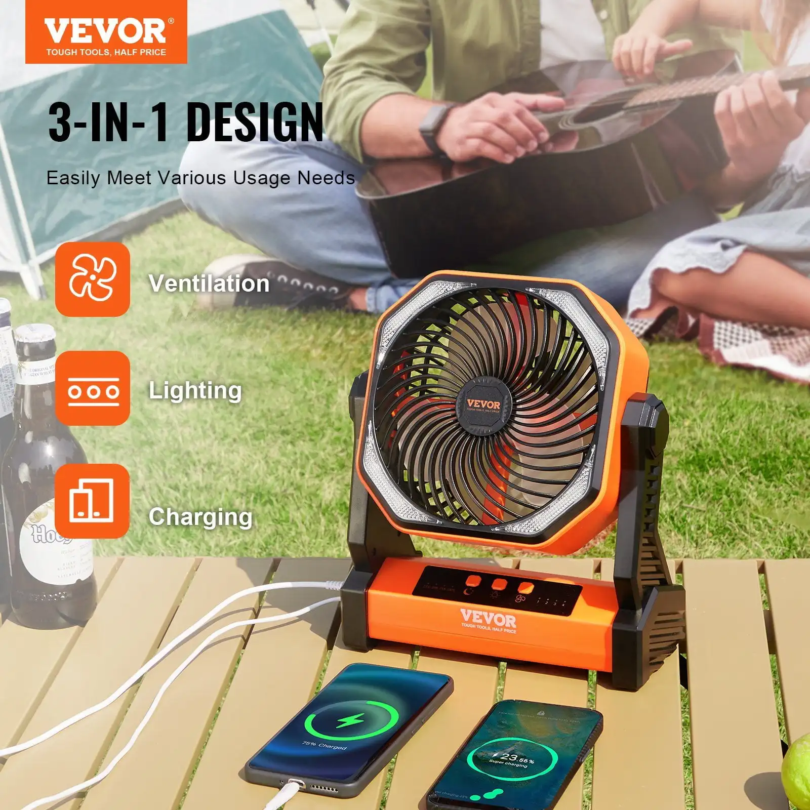 Portable Fan Rechargeable 8 inch, Battery Powered Fan with LED Lantern, 4 Speeds Adjustable Portable Small Table Fan Personal