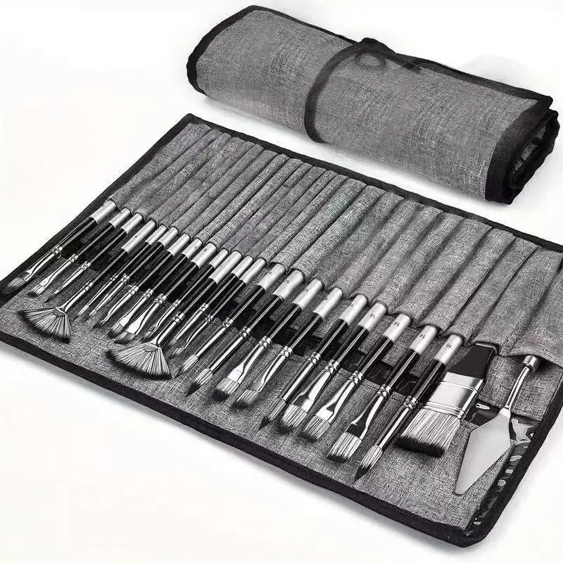 24Pcs Artist Paint Brush Set with Palette Scraper, Wooden Handle Nylon Brushes for DIY Oil, Acrylic Painting Art Craft Supplies