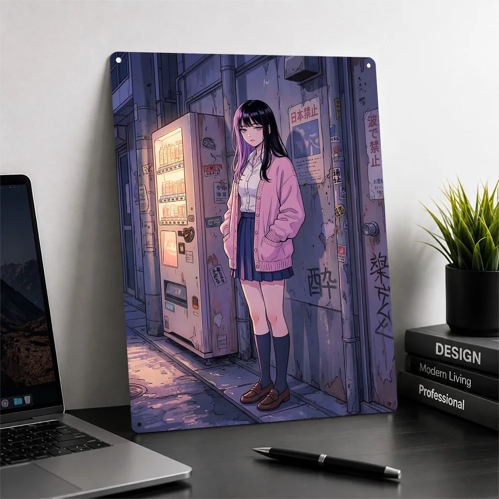 Urban Anime Girl Vending Machine 3D Printed Texture Poster Personalized Wall Art Retro Metal Tin Signs for Garage Accessories