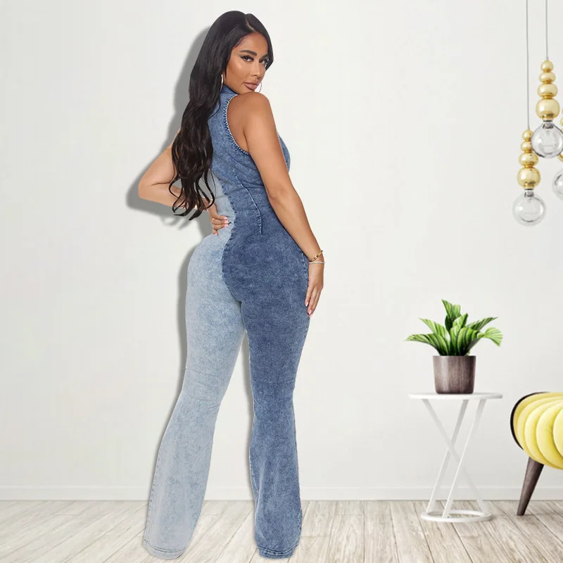 Plus Size Fashion Denim Patchwork Jumpsutis Sleeveless Turn Down Collar Zipper Wide Leg Pants One Piece Streetwear Rompers 2023