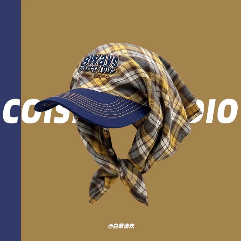 Japanese Color Matching Plaid Strap Headscarf Hat Men and Women