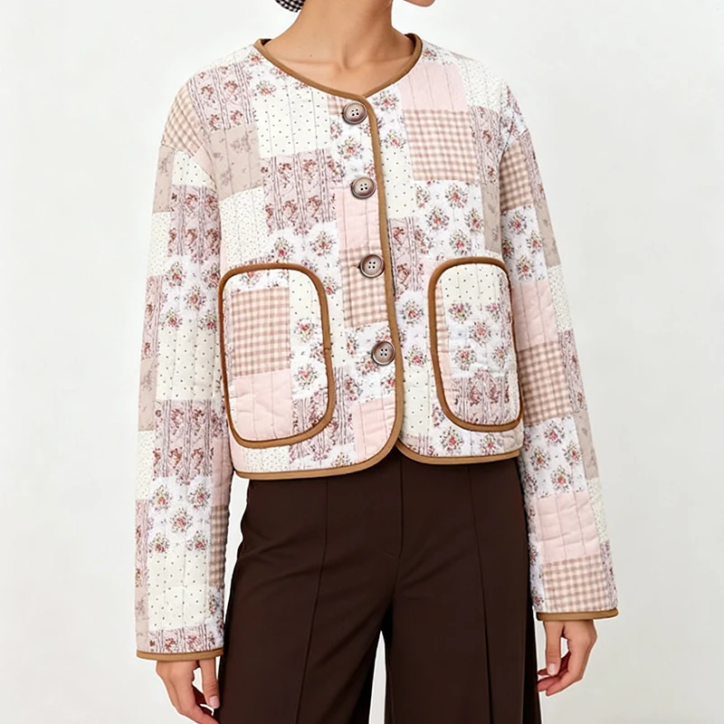 

Autumn Winter Women's Quilted Jackets New Vintage Print Long-Sleeved Single-Breasted Windproof Coats with Belted Pockets