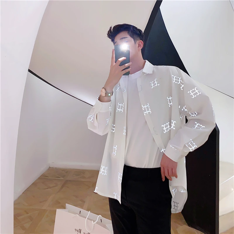 

Artistic Casual Long Sve Men's irt Nightclub DJ Stage Reflective Loose Fit Printed Polyester Youth Faion All Seasons