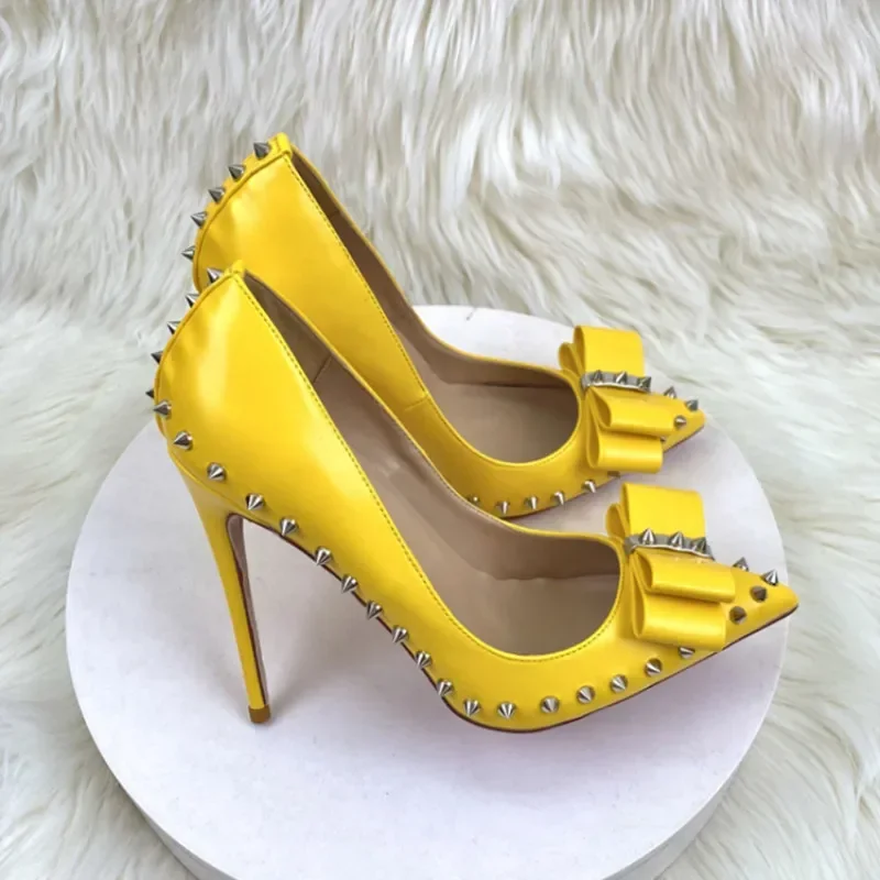 Office Career Women Pumps PU 12CM Stiletto 2023 New Butterfly Rivet Pointed Shallow Mouth Single Shoe Woman Shoe Yellow