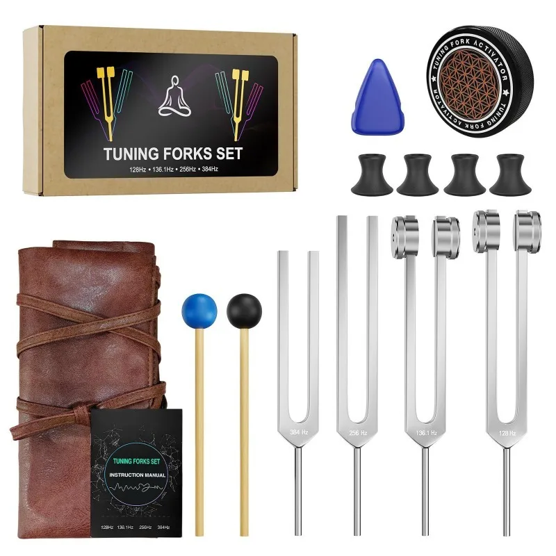 aluminum-alloy-tuning-fork-4-piece-set-128-1361-256-384hz-tuning-fork-witn-knocking-stick-sound-healing-percussion-instrument