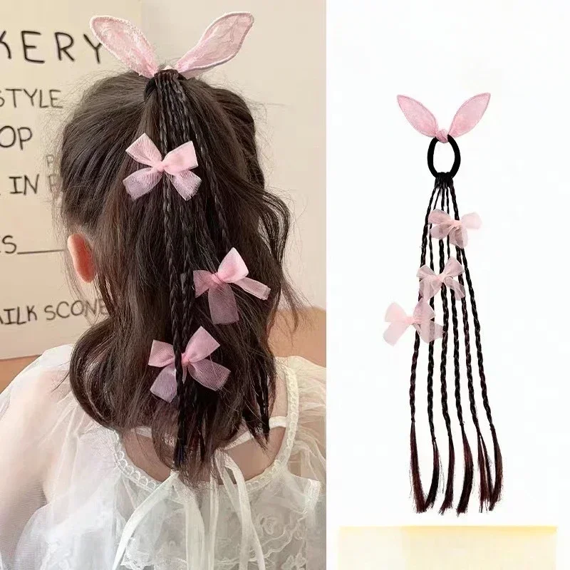 Kids Lovely Girls Sweet Bow Rabbit Ears Wigs Ponytail Hairbands Rubber Bands Hair Bands Headwear Hair Accessories Hair Ornament