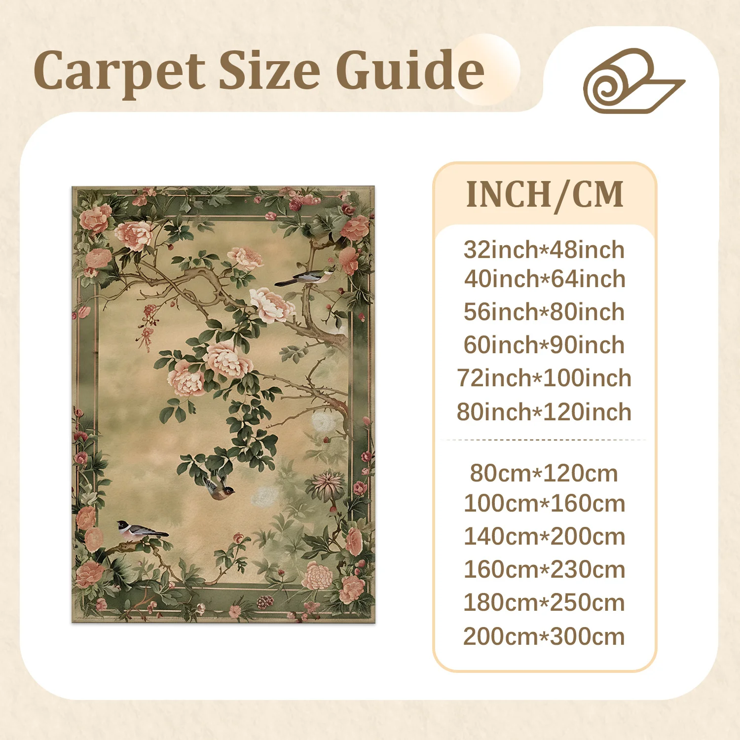 Large Indoor Area Rug, Soft Velvet Low Pile, Non-slip Dotted Backing & Machine Washable, Vintage Floral Peony Bird Design Blush Pink Sage Green Beige Rug for Living Room Bedroom Entryway