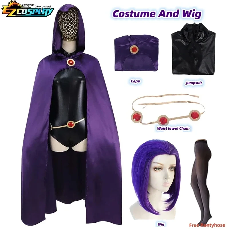 Teen Titans Raven Cosplay-Kostüm, Damenkostüm, magisches Mädchen, Cosplay-Kampf-Body, komplettes Set mit lila Kapuzenumhang