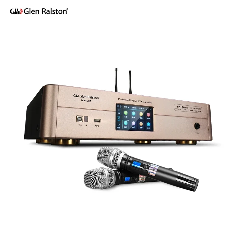 Glen Ralston 300w*2 Full touch screen karaoke mixer system with wireless mic dsp audio processor power amplifier