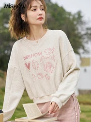 MISHOW Heart Embroidery Round Neck Short Pullovers Hoodie for Women 2024 Spring 100Cotton Dropped Shoulder Sleeve Top MXD11V0077