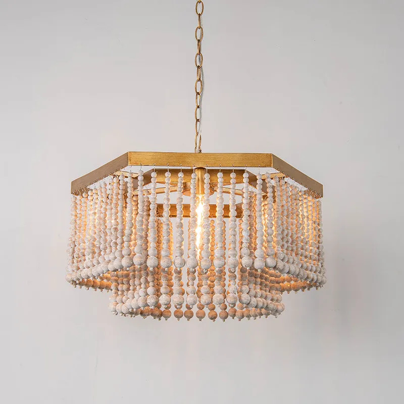 Beaded Wooden Fringe Antique Chandelier Wood Pendent Lamps Creative Villa Living Room Dining Room Rural French Chandelier