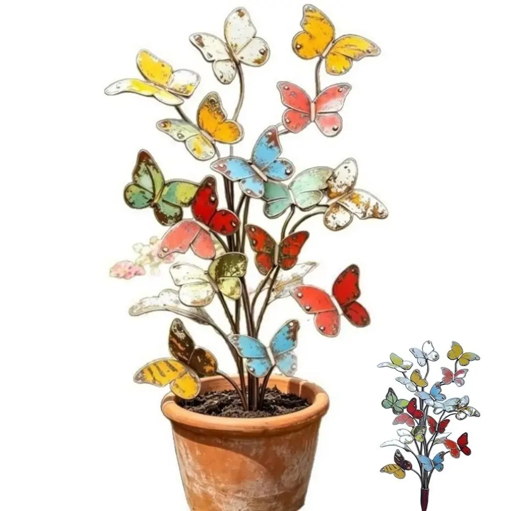 2D Flat Butterfly Garden Stake Metal Colorful Butterfly Shape Butterfly Plant Stake Decorative Metal Garden Stake