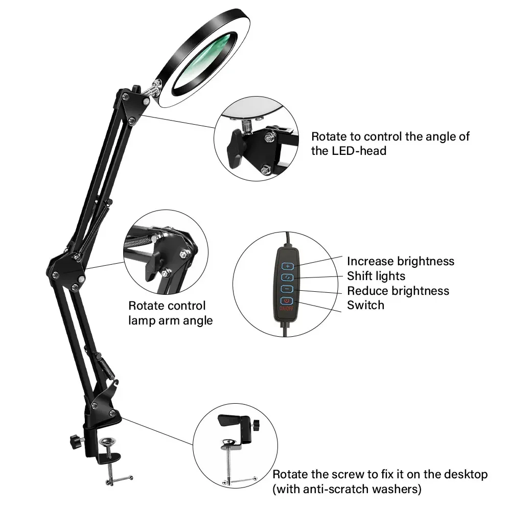 10-fache beleuchtete Lupe mit USB, 3 Farben, 72 LED-Beleuchtung für Lötarbeiten, Reparaturen, Tischlampe, Lesen, Hautpflege und Schönheitsanwendungen – Detail 6