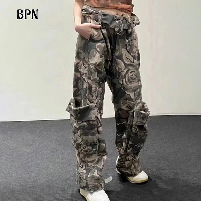 BPN Streetwear Hit Color Printing Jeans For Women High Wiast Patchwork Pockets Casual Loose Wied Leg Denim Trousers Female Style