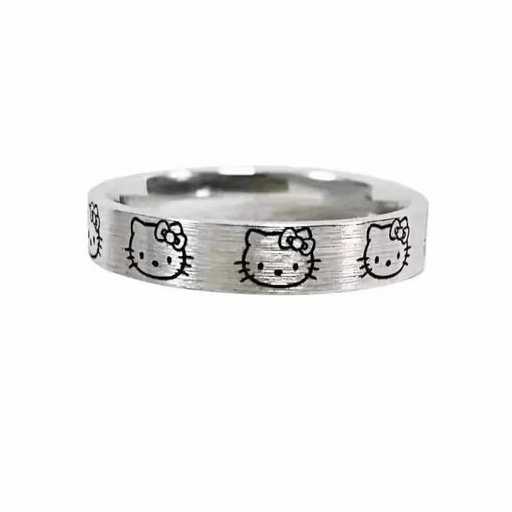 Sanrio Kawaii Ring Anime Character Series Kuromi Hello Kitty Couple Silver Ring Fashion Adjustable Ring Accessories Kids Gifts