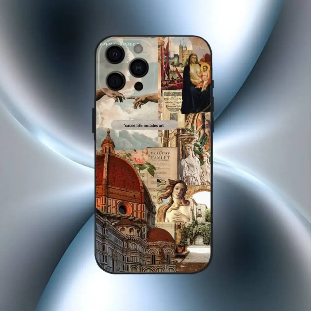 เคสโทรศัพท์กันกระแทก ลายศิลปะเรอเนซองส์ สำหรับ iPhone17,16,15,14,13,12,11 Plus,Pro Max  แบบนิ่ม สีดำ