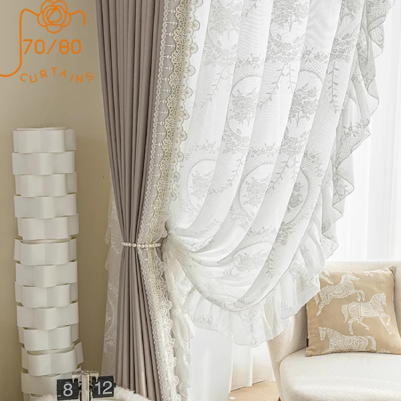 

French White Gauze Lace Window Gauze Purple Lace Splicing Thickened Curtains for Living Room Bedroom French Window Balcony