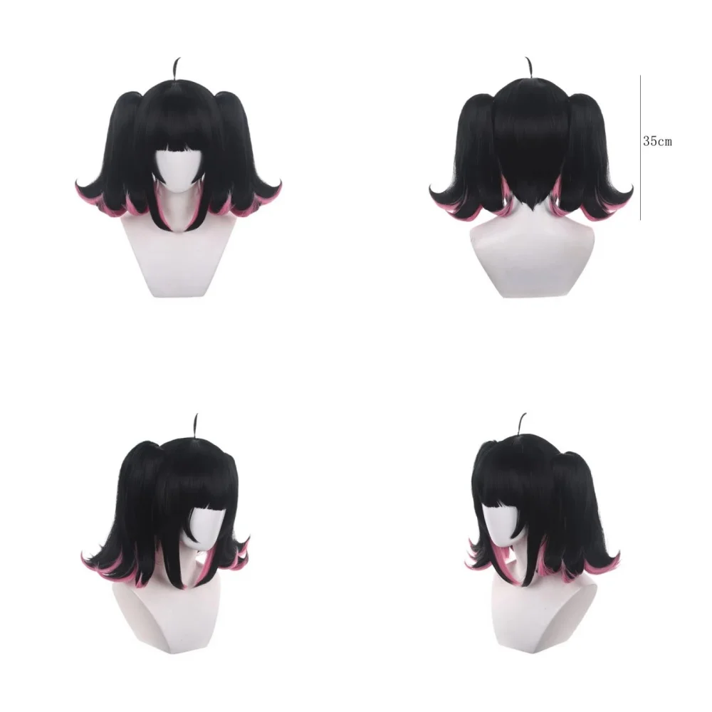 Black Short Cosplay Wig with Pink Tips and Twin Tails Heat Resistant Synthetic Hair for Anime Party Halloween Unisex Style