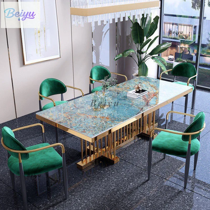 

Light luxury American rock slab dining table Home designer High-end restaurant dining table Amazon green combination eating tabl