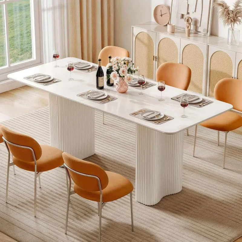 Table de salle à manger rectangulaire moderne avec pieds incurvés ondulés, grande table de cuisine blanche crème, 70.8 po, 6 à 8 personnes