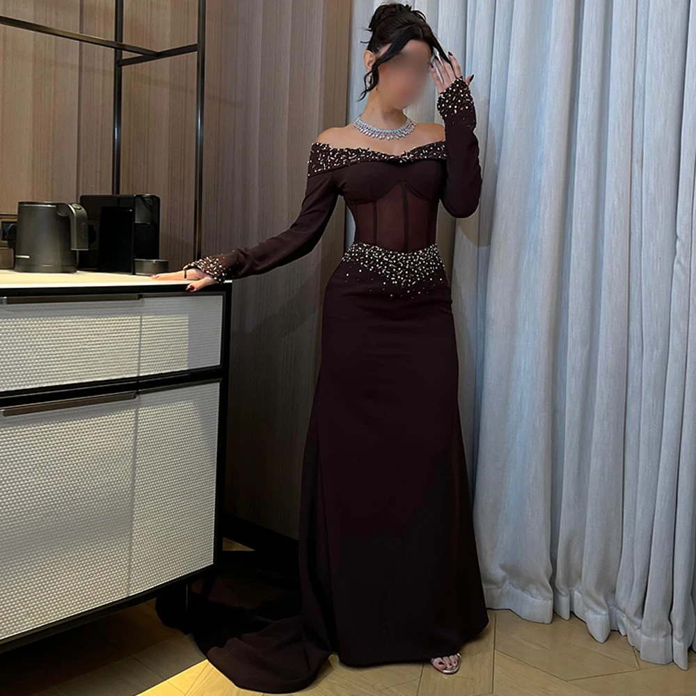

Formal Jersey Evening Dress Fashion Sweep Train Prom Dresses Delicate Beading Long Sleeves Customized Special Occasion Gowns