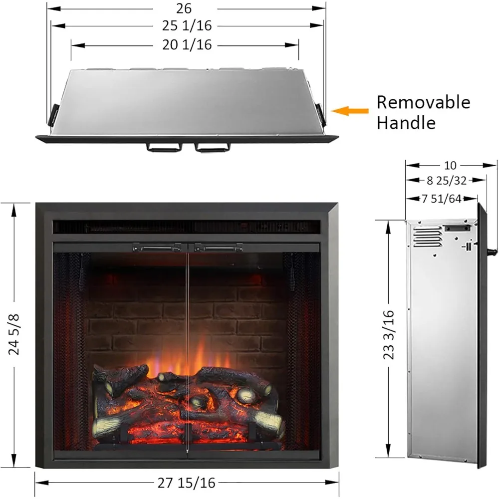 Electric Fireplace Insert with Fire Crackling Sound Glass Door and Mesh Screen, 750/1500W, Black, 26 Inches Wide