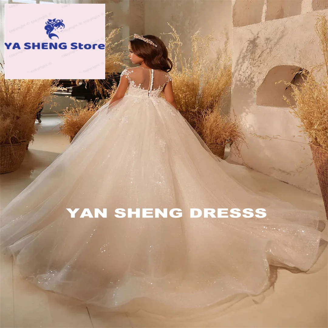 

Customized Flower Girl Dress For Wedding Lace Shining Tulle Floor Length Kids Birthday Party Dress Princess Ball Gown