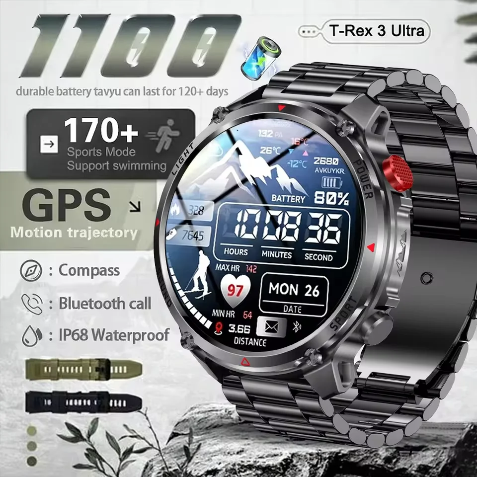 

2026 New T-Rex3 Ultra 1100mAh Battery Smart Watch GPS path 5ATM Waterproof Sport Run Hiking Outdoors Compass Military Smartwatch