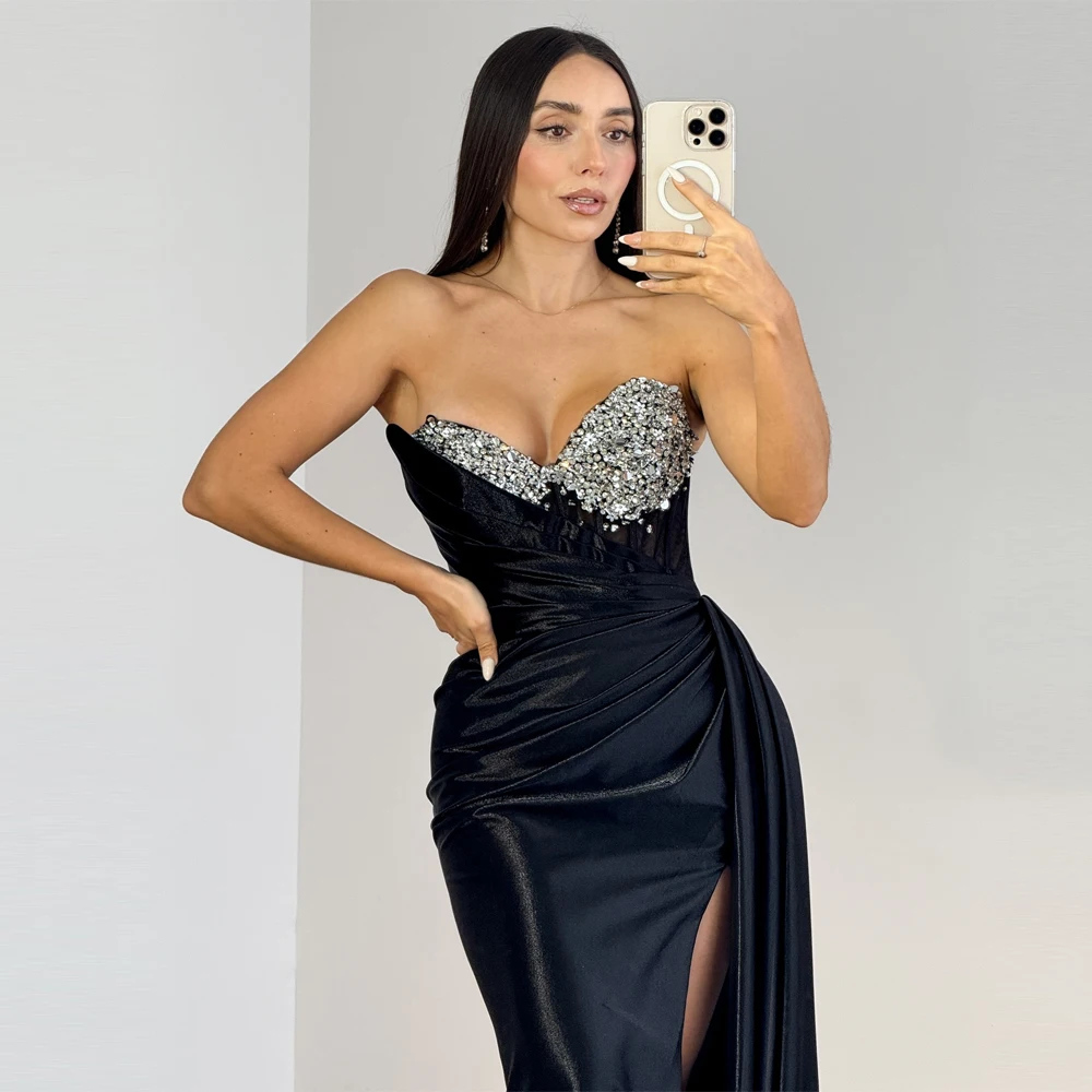 Sexy Black Women Evening Dresses Fascinating Sleeveless Side High Slit Prom Gowns Mopping Length Vestidos De Noches Customized