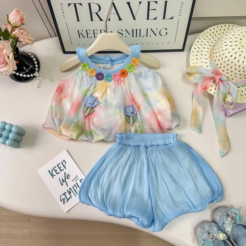 

Girls Suit2025Summer New Floral Tank Top and Bloomer Shorts Set for Baby Girls Vacation Style Two-Piece Set
