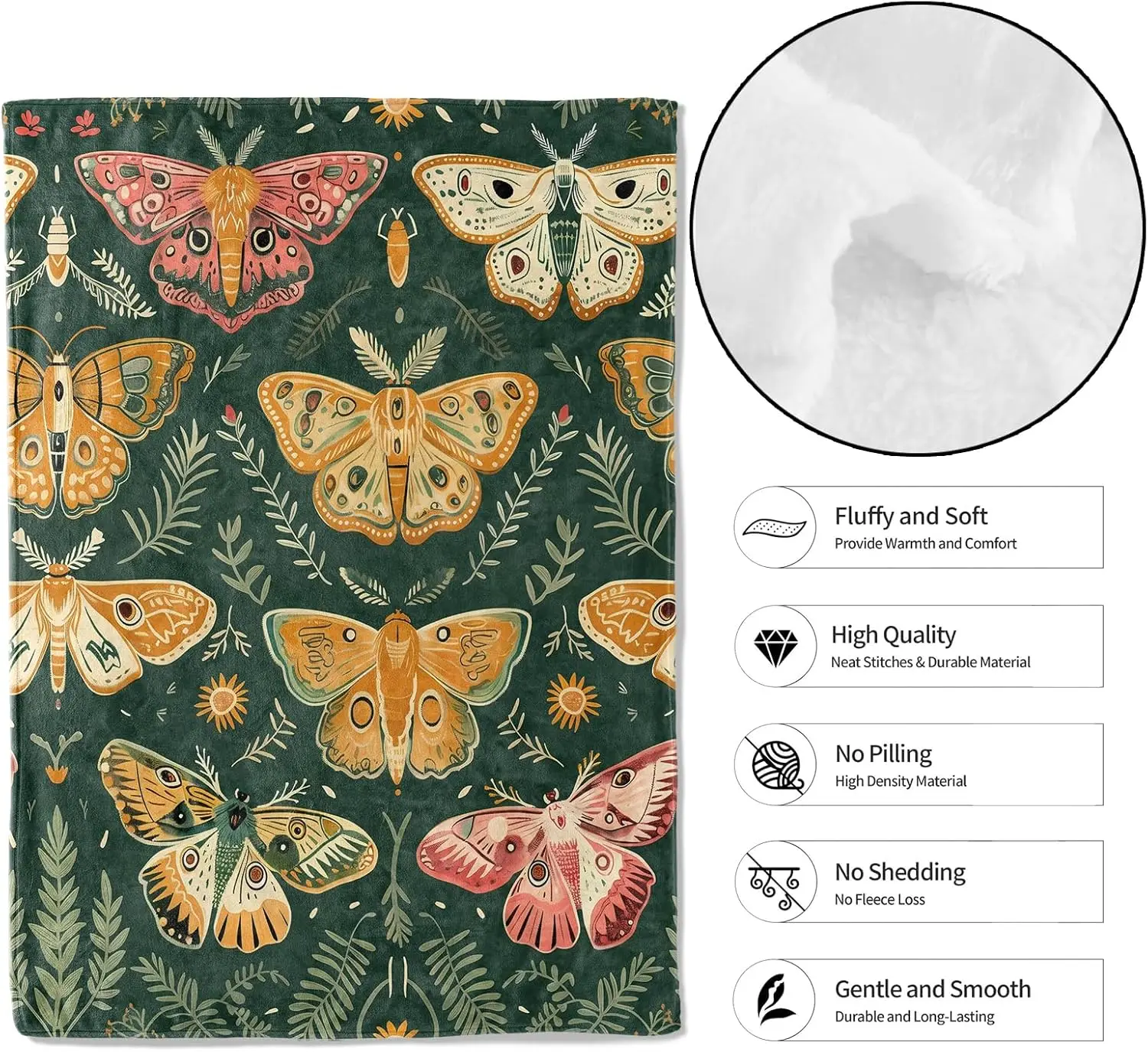 Vintage Moth Throw Blanket,Lightweight Flannel,Colorful Insect and Botanical Illustration on Dark Green Blankets,Gifts for Women