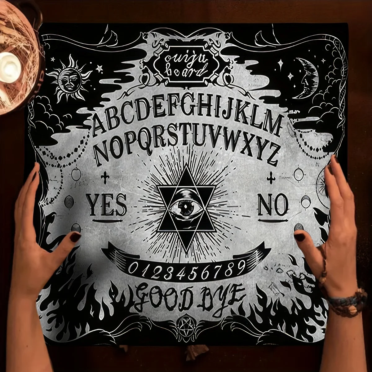 VIKAMA Ouija-Brett-Tischdecke, Schwarz-Weiß-Zauber, geheimnisvolles Dreieck, Halloween-Wahrsagerei, paranormale Party-Dekoration